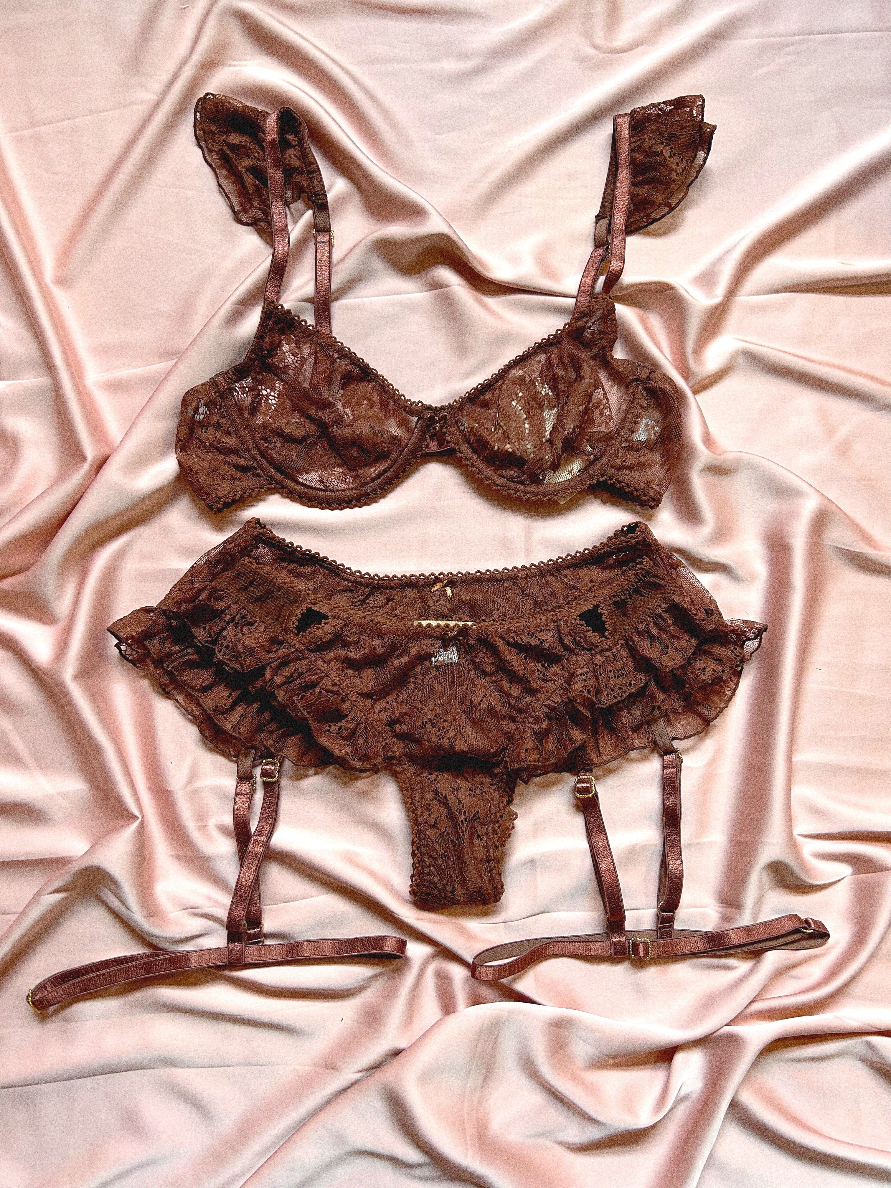 sexy dentelle set ensemble marron glamour jartelles vollant fatale femme lingerie