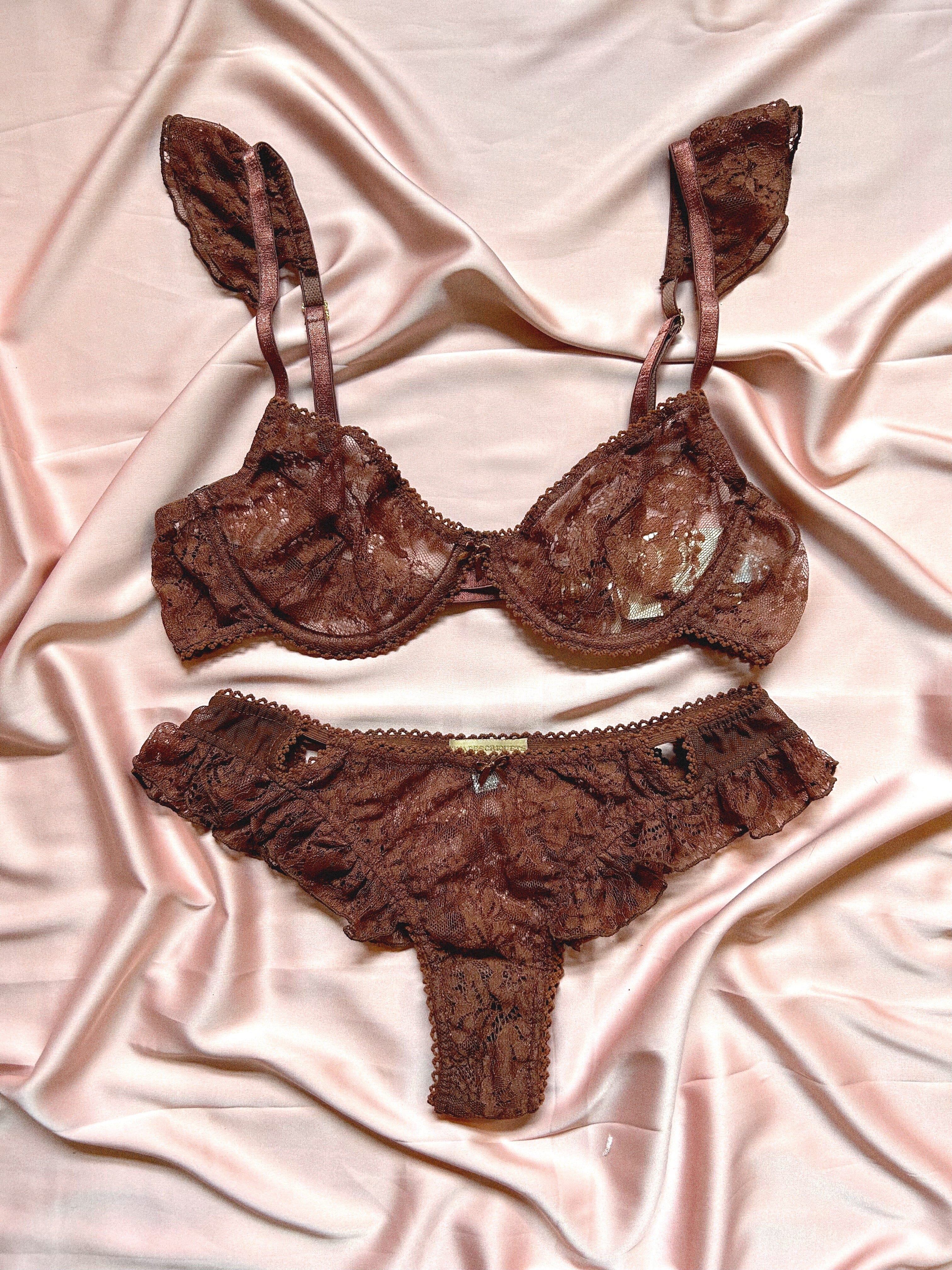 sexy dentelle set ensemble marron glamour jartelles vollant fatale femme lingerie