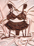 sexy dentelle set ensemble marron glamour jartelles vollant fatale femme lingerie 